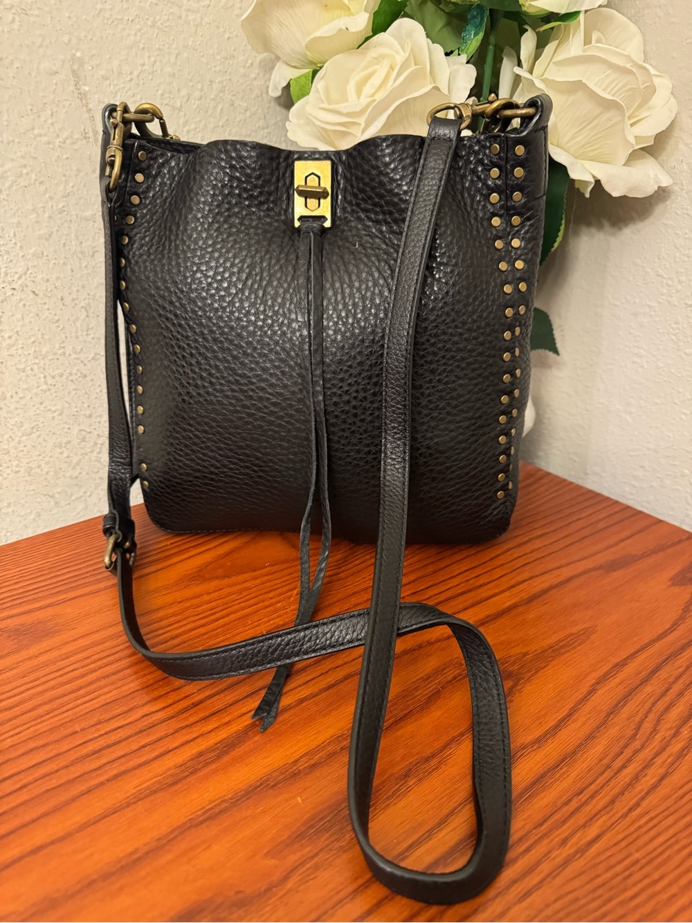 Rebecca Minkoff Black Pebbled Leather Crossbody with Gold Ring Detail - Picture 5 of 13